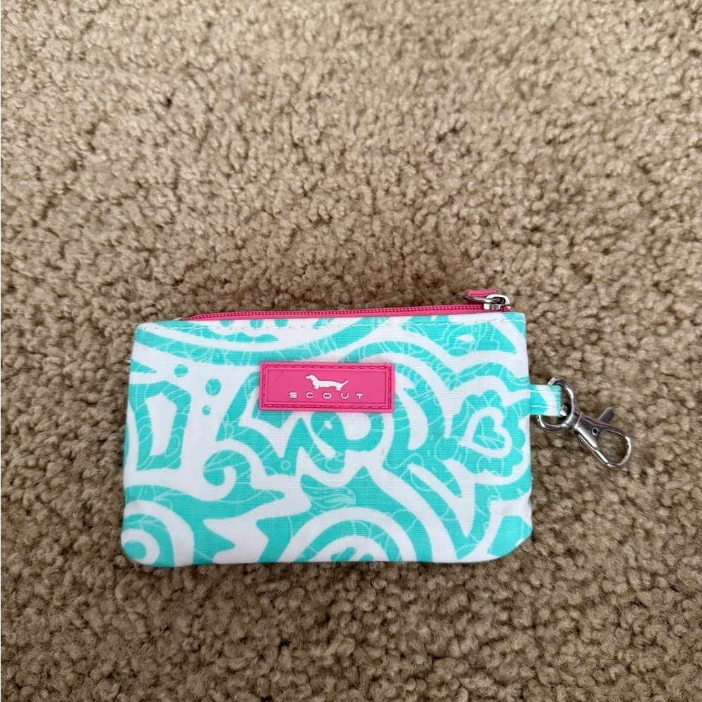 Scout Teal and White Swirl Key Pouch with Pink Trim